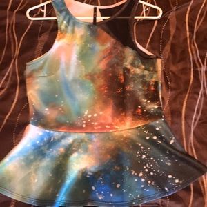 Galaxy peplum with one sheer sleeve